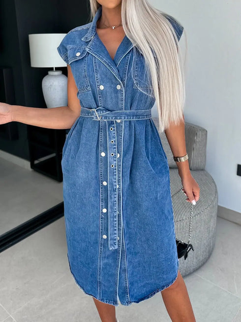 'Elara' Cap Sleeve Denim Dress - Celes Fashion
